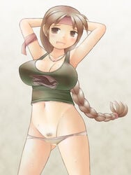 +_(tas28282000) alternate_breast_size armband armpits arms_behind_head arms_up blush breasts brown_eyes brown_hair cleavage female female_only gradient_background headband highres human king_of_fighters large_breasts long_hair midriff navel necktie no_pants panties parted_lips peeing peeing_self pubic_hair pussy ryuuko_no_ken solo tank_top underwear wet_panties young yuri_sakazaki