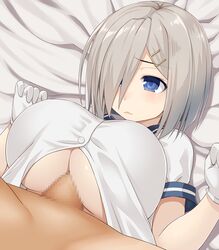 1boy 1girls :< asamura_hiori blue_eyes breasts busty censored cleavage female gloves hair_over_one_eye hamakaze_(kantai_collection) huge_breasts kantai_collection lying on_back paizuri paizuri_under_clothes penis shirt short_hair silver_hair solo_focus underboob voluptuous