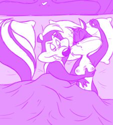 anthro bed blanket blush breast_fondling breasts evil_grin feline female fondling grin headboard ladysomnambule looney_tunes male mammal nipples penelope_pussycat pepe_le_pew pillow skunk sleeping smile smooth_fur stripes warner_brothers