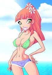 1girls belly bikini_top breasts covered_nipples erect_nipples flower hair_flower hourglass_figure large_breasts long_hair miele_(winx_club) navel rainbow_(animation_studio) shorts solo winx_club zfive