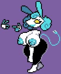 anthro ass big_breasts big_butt blue_hair blue_nipples breasts curly_hair deltarune digital_media_(artwork) female gesture hair lagomorph leporid mammal moronicpixels nipples paws pixel_(artwork) pose rabbit smile solo suggestive suggestive_gesture tail tasque tasque_manager thick_thighs thighs_together undertale_(series) white_body wide_hips xenias98 yellow_eyes