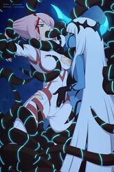 2girls absurdly_long_hair black_tentacles blood blue_skin bodysuit breasts clothing darling_in_the_franxx female female_only groping hand_on_another's_stomach highres horns incest klaxo-sapien long_hair medium_breasts merunyaa monster_girl multiple_girls nipples oni_horns open_mouth oral penetration pink_hair pulling_hair rape restrained smile spread_legs tentacle tentacle_around_breasts tentacle_hair tentacle_rape torn_bodysuit torn_clothes very_long_hair white_hair wide_hips yuri zero_one_(darling_in_the_franxx) zero_two_(darling_in_the_franxx)