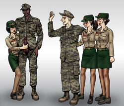 2boys 3girls army_uniform beltskirt blushing brown_boots brown_legwear brown_shirt female female_soldier gogocherry green_hat green_skirt handjob leaning_forward long_skirt male marine multiple_boys multiple_girls penis sexual_misconduct short_hair soldier uniform