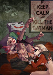 2girls batman_(series) blonde_hair blue_eyes blue_hair bracelet clown_makeup dc dc_extended_universe duo eyeliner eyeshadow feet female fingering harley_quinn holster jester_cap lipstick long_hair makeup multicolored_hair multiple_girls nail_polish pantyhose pink_hair pussy selfcest shirt spiked_bracelet suicide_squad temix temixart tied_hair toes torn_clothes torn_pantyhose twintails vagina wink yuri