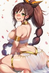 1girl absurdres ai_generated ass ass_focus black_ribbon blush braid braided_ponytail breasts brown_hair female female_only green_eyes hair_ribbon harem harem_outfit highres huge_ass large_ass long_hair looking_at_viewer naticai navel nipples re:zero_kara_hajimeru_isekai_seikatsu ribbon see-through see-through_clothing shaula_(re:zero) thick_ass thick_thighs transparent_clothing wide_hips