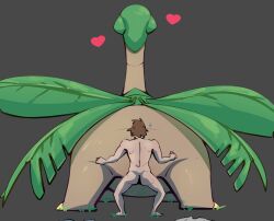2025 ass biped bodily_fluids brown_body brown_hair brown_skin claws clothing duo female feral fingers fizzpop furry generation_3_pokemon grass green_body green_skin grey_background hair heart_symbol hi_res human human_on_feral interspecies larger_female larger_feral leaf male male/female mammal nintendo nude plant pokemon pokemon_(species) pokephilia quadruped simple_background size_difference smaller_human smaller_male standing sweat sweatdrop tropius yellow_claws zoophilia