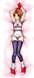 arms_up black_legwear blush brown_eyes brown_hair cum cum_on_body cum_on_clothes cum_on_lower_body cum_on_upper_body dakimakura dakimakura_design facial female female_only fingerless_gloves full_body gloves headband human king_of_fighters leg_warmers lying on_back panties pspgo-kun red_gloves ryuuko_no_ken shoes short_hair small_breasts sneakers solo thigh_gap thighhighs underwear yuri_sakazaki