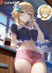 1boy 1girls aether_(genshin_impact) ai_generated big_breasts big_thighs blonde_female blonde_hair brother_and_sister coffee day female female_focus genshin_impact hoyoverse light-skinned_female light_skin lumine lumine_(genshin_impact) lunealter male male/female pajamas short_hair thick_thighs thinking yellow_eyes