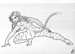 anthro areola ass back breasts fabio_miranda feline female fur hair hand_on_thigh humanoid long_hair looking_at_viewer mammal marvel monochrome nipples nude simple_background solo source_request stripes tiger tigra white_background