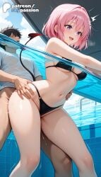 1girls 2026 ai_assisted ai_generated anime artist_name bikini black_bikini breasts bust demon_tail explicit hi_res high_quality high_resolution highres momo_velia_deviluke navel open_mouth patreon patreon_username pink_hair pool rain showering skypassion stable_diffusion swimsuit tail to_love-ru watermark wet wet_clothes wet_shirt