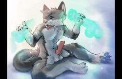 animated black_clothing black_pawpads black_thong black_underwear blue_eyes bodily_fluids clothing cum disembodied_hand ejaculation flaccid fur genital_fluids genitals ghost_hand gradient_background grey_body grey_fur group happy humanoid_genitalia humanoid_penis knot knotted_penis lens_flare male multicolored_body multicolored_fur pawpads paws penis shy simple_background sitting stampmats thong translucent translucent_penis underwear yaoi