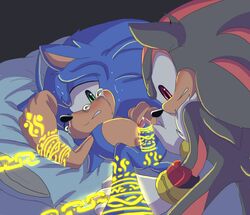 angelofhapiness bed blush chest_tuft cum fur hedgehog male male_only mammal masturbation penis shadow_the_hedgehog sonic_(series) sonic_the_hedgehog sweat tears tuft worry