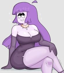 ass big_ass big_breasts big_thighs boobs_bigger_than_head breasts breasts_bigger_than_head cleavage dress fancy_clothing jewelry lila_(spooky_month) necklace pinup pinup_pose purple_hair sexy_dress shiny_skin sketchfins spooky_month star star_(symbol) tagme thick_thighs thighs