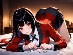 1girls ace_(playing_card) ace_of_hearts ai_generated all_fours anilvl bangs bed bed_sheet black_hair black_skirt black_socks blazer blunt_bangs blush breasts candle card collared_shirt dress_shirt hime_cut holding holding_card indoors jabami_yumeko jacket kakegurui large_breasts long_hair long_sleeves looking_at_viewer miniskirt multicolored_hair nail_polish on_bed parted_lips playing_card pleated_skirt red_eyes red_hair red_jacket red_nails red_suit ribbon school_uniform shirt skirt smile socks solo thighs top-down_bottom-up very_long_hair white_shirt