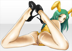 animal_ears ass bunny_ears bunnysuit censored cute_fang female from_behind green_hair high_heels jelly_fish_(artist) long_hair looking_back open_mouth pussy suzumiya_haruhi_no_yuuutsu tsuruya yellow_eyes