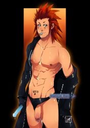 1boy abs axel_(kingdom_hearts) biceps disney feet_out_of_frame from_below green_eyes kaito_draws kingdom_hearts light-skinned_male light_skin male male_only muscular muscular_arms muscular_thighs nipples nobody_(kingdom_hearts) pecs penis red_hair solo solo_male standing underwear underwear_aside veiny_penis