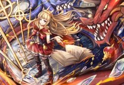 blonde_hair blue_eyes book boots cagliostro_(granblue_fantasy) dragon dress female from_above granblue_fantasy highres long_hair sakura_ani smile thigh_boots thighhighs