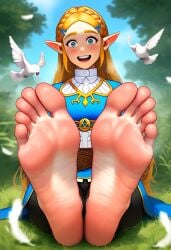 ai_generated big_feet big_toes blonde_hair blue_eyes blush doves elf_ears feathers feet feet_fetish feet_together foot_fetish foot_focus long_feet offering_to_viewer open_mouth outdoors pov pov_eye_contact pov_feet princess_zelda sitting sitting_on_ground su_whore_(artist) sweat sweatdrop sweating sweaty sweaty_feet the_legend_of_zelda trees wrinkled_feet wrinkled_soles