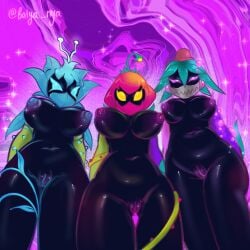 3girls batya_nya big_breasts black_body brawl_stars fan_character from_below lily_(brawl_stars) masked_female pov_crotch pussy shiny_skin