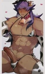 1boy ^^^ abs animal_ears animal_print bara beard bell belt_collar blush border bra chariko collar collarbone commentary cow_ears cow_horns cow_print cum dark-skinned_male dark_skin ear_tag ejaculation elbow_gloves erection facial_hair full-face_blush gloves groin handsfree_ejaculation heart highres horns leon_(pokemon) long_hair looking_at_penis male_focus male_pubic_hair navel neck_bell parted_lips patreon_logo patreon_username pectorals penis pokemon pokemon_swsh pubic_hair purple_hair red_collar simple_background sitting solo solo_male spread_legs symbol-only_commentary testicles thighhighs thong underwear white_background white_border yellow_eyes