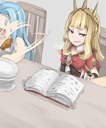 2girls :3 blonde_hair blue_hair book cagliostro_(granblue_fantasy) granblue_fantasy long_hair lyria_(granblue_fantasy) multiple_girls p_(tidoriashi) plate purple_eyes sweat tiara