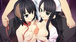 2girls :d animal_ears areolae arishima_alice arishima_nahoko black_eyes black_hair blush breast_hold breast_press breasts censored chestnut_mouth clothed_male_nude_female collar cura dog_ears dominant_male double_paizuri fake_animal_ears female femsub game_cg handjob hat highres leash long_hair male maledom mole mole_under_eye monobeno mosaic_censoring mother_and_daughter multiple_females multiple_paizuri nipples nurse nurse_cap open_mouth paizuri penis penis_through_fly short_hair small_breasts smile straight submissive_female