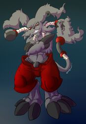 anthro big_ears bulge clothed clothing crossed_arms digimon ear_piercing fan_character front_view furry gazimon grin gs-fox half-dressed male male_only muscles naughty_face navel pants penis_outline piercing solo standing teeth topless underwear