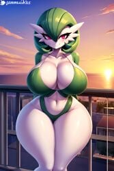 ai_generated big_ass big_breasts gardevoir generation_3_pokemon green_hair humanoid nintendo not_furry pink_eyes pokemon pokemon_(species) thick_thighs white_body