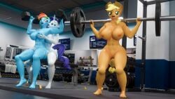 16:9 3d 3d_(artwork) 4k abs anthro anthrofied applejack_(mlp) big_breasts blender_(software) blender_cycles blonde_hair blonde_tail blue_body breast breast_squeeze breasts digital_media duo equid equine feet female female/female female_only friendship_is_magic gym hair hasbro hi_res high_resolution horn large_breasts licking mammal multicolored_hair muscular_anthro muscular_female my_little_pony mythological_creature mythological_equine mythology nude orange_body purple_hair rainbow_dash_(mlp) rainbow_hair rarity_(mlp) self_upload squish thick_thighs toes tongue tongue_out unicorn weightlifting werner69 white_body yuri