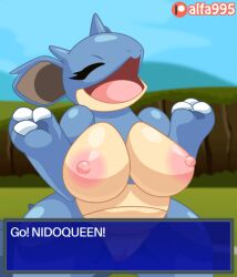 1girls 2d_animation alfa995 alternate_version animated anthro areola areolae big_breasts blue_body boob_jiggle breast_jiggle breast_shake breasts digital_media digital_media_(artwork) female furry game_freak happy jiggling_breasts nidoqueen nintendo nipples pokeball pokemon pokemon_(species) pussy short_animation shorter_than_10_seconds solo text thick_thighs vagina voluptuous voluptuous_female wide_hips