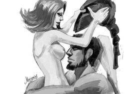 1boy armor beard breasts dota_2 dragon_knight female greyscale headgear helmet lina merry-mind monochrome nipples straight