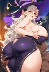 ass ass_grab bbc_slave big_ass big_breasts breast_grab breasts breasts_out corrin_(female)_(halloween)_(fire_emblem) corrin_(fire_emblem) corrin_(fire_emblem)_(female) dark-skinned_male dark_skin fire_emblem fire_emblem_fates silver_hair witch witch_costume witch_hat