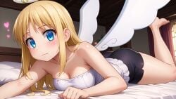 1futa ai_generated angel angel_wings barefoot blonde_hair blue_eyes blush crimvael futanari halo heart ishuzoku_reviewers laying_on_bed long_hair looking_at_viewer medium_breasts on_stomach smiling spandex_shorts white_dress