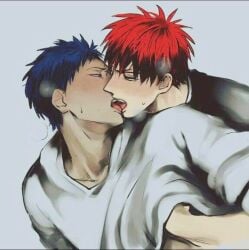 2boys aomine_daiki blue_eyes blue_hair blush bottom_aomine daiki_aomine french_kissing from_behind kagaao kagami_taiga kagamixaomine kissing male_only navy_blue_hair no_visible_genitalia pretty_boy red_eyes red_hair taiga_kagami tan_skin