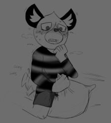 aggretsuko anonymous_artist anthro clothed greyscale haida haida_(aggretsuko) masturbation no_pants pillow_humping sanrio sketch tailwag