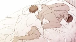 2boys aomine_daiki ass_eating ass_licking blush bottom_aomine gay kagaao kagami_taiga kuroko's_basketball kuroko_no_basuke male naked on_bed rimming yaoi