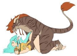 blue_eyes blue_hair bondage cat_ears cat_tail catgirl charr doggy_style dominant_male female_penetrated furry furry/human guild_wars_2 guildwars2 human male/female male_penetrating questionable_consent rope stomach_bulge submissive_female