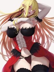 1girls 2023 armpits armwear big_breasts blonde_hair blush dress fangs female female_only hi_res kiss-shot_acerola-orion_heart-under-blade kizumonogatari long_hair looking_at_viewer monogatari_(series) pointy_ears sino_kyun solo spread_armpit stockings thong vampire white_background