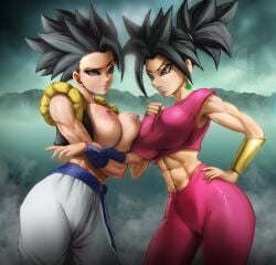 2girls abs areolae big_breasts breast_press breasts breasts_out clothing dragon_ball dragon_ball_super ear_piercing earrings elitenappa female female_only kefla looking_at_each_other nipples pants piercing potara_earrings thick_thighs toned toned_female vest wide_hips