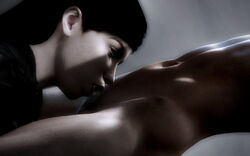 2girls 3d black_hair brown_eyes fellatio female hair imminent_cunnilingus imminent_oral looking_at_viewer mass_effect multiple_girls navel nude oral pubic_hair pussy rastifan tease yuri