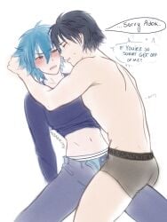 animal aoba_seragaki arms_around_neck arms_behind_back black_hair blue_eyes blue_hair blue_shirt blush boxers boxers_(clothing) closed_eyes closed_eyes dramatical_murder eyes_half_open half-dressed half_naked heat humping humping_leg insankitty jeans light_blue_hair ren_(dramatical_murder) rubbing rubbing_penis selfcest stroking_penis