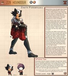 1boy 1girls black_hair canine english_text female generation_2_pokemon hi_res houndoom human kinkymation looking_at_viewer male nintendo pokemon pokemon_(species) pokemorph pokemusu profile purple_hair tagme text_box