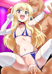 1boy bikini bikini_aside blonde_hair blue_eyes blush bow breasts censored collar creepy_man cum cum_in_pussy elbow_gloves female first_porn_of_franchise gloves hairbow heart heart-shaped_pupils idol joukamachi_no_dandelion long_hair mosaic_censoring nami_makoto navel nippleless_clothes nipples open_mouth penetration penis sakurada_hikari sex spread_legs swimsuit swimsuit_aside symbol-shaped_pupils thighhighs v vaginal_penetration white_gloves white_legwear