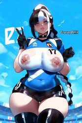 ai_generated athletic_female evilkuro05 original_character soccer_uniform sports_shorts two-tone_hair voluptuous_female