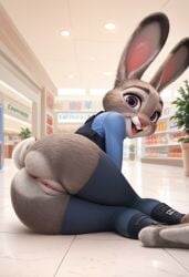 1girls ai_generated ass bubble_butt judy_hopps lying_on_side mall police_uniform presenting_pussy pussy rabbit solo solo_focus zootopia