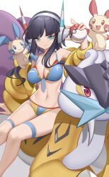 1girls 2d 2d_(artwork) arms bare_shoulders belly belly_button bikini black_hair blue_eyes breasts closed_mouth clothed clothing covered_breasts covered_nipples digital_drawing_(artwork) elesa_(pokemon) facing_viewer female female_focus female_only fingers front_view hair hands headgear headphones hips holding_object image knees_together_feet_apart legs legs_together light_skin looking_at_viewer luai minun navel nintendo open_eyes plusle pokeball pokemon pokemon_(species) raikou shiny_skin shoulders sitting skinny smile stomach string_bikini string_panties swimsuit thighs thin_waist waist