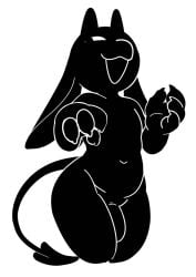 2024 abigrock anthro big_ears big_hands black_and_white black_body claws genitals hi_res horn imp male mascot_(abigrock) monochrome navel nude penis restricted_palette smile smug solo spade_tail tail thick_thighs