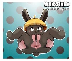 animal_crossing blonde_hair bonbon_(animal_crossing) brown_eyes brown_fur female female_focus female_only grin grinning grinning_at_viewer lagomorph nintendo presenting pussy_juice pussy_juice_drip spread_anus spread_legs spreading voidsfluffs yellow_hair