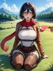 ai_generated attack_on_titan big_ass big_breasts big_butt black_hair clothed horny horny_female huge_breasts meadow mikasa_ackerman outdoors rcally red_scarf scout_uniform shingeki_no_kyojin survey_corps_(emblem) tongue_out voluptuous voluptuous_female