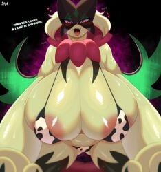 anthro big_breasts bra breasts cleavage clothed clothing cow_print felid feline female fur generation_9_pokemon green_body green_fur heart hyper hyper_breasts ian_nyang mammal meowscarada nintendo pokemon pokemon_(species) pokemon_sv seductive seductive_look solo